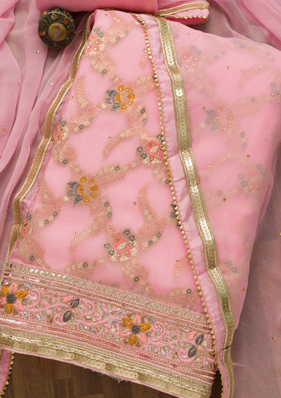 Baby Pink Gotapatti Chanderi Unstitched Salwar Suit-Koskii