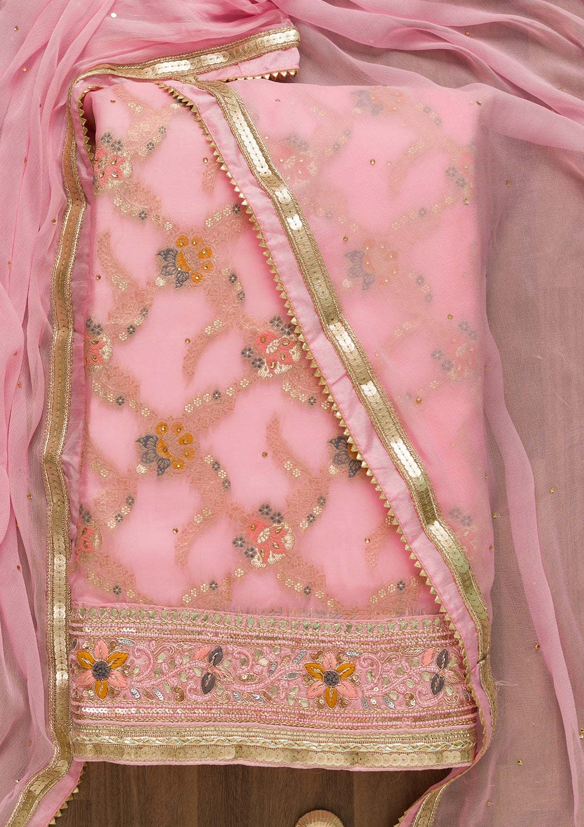 Baby Pink Gotapatti Chanderi Unstitched Salwar Suit-Koskii