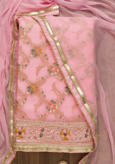 Baby Pink Gotapatti Chanderi Unstitched Salwar Suit-Koskii