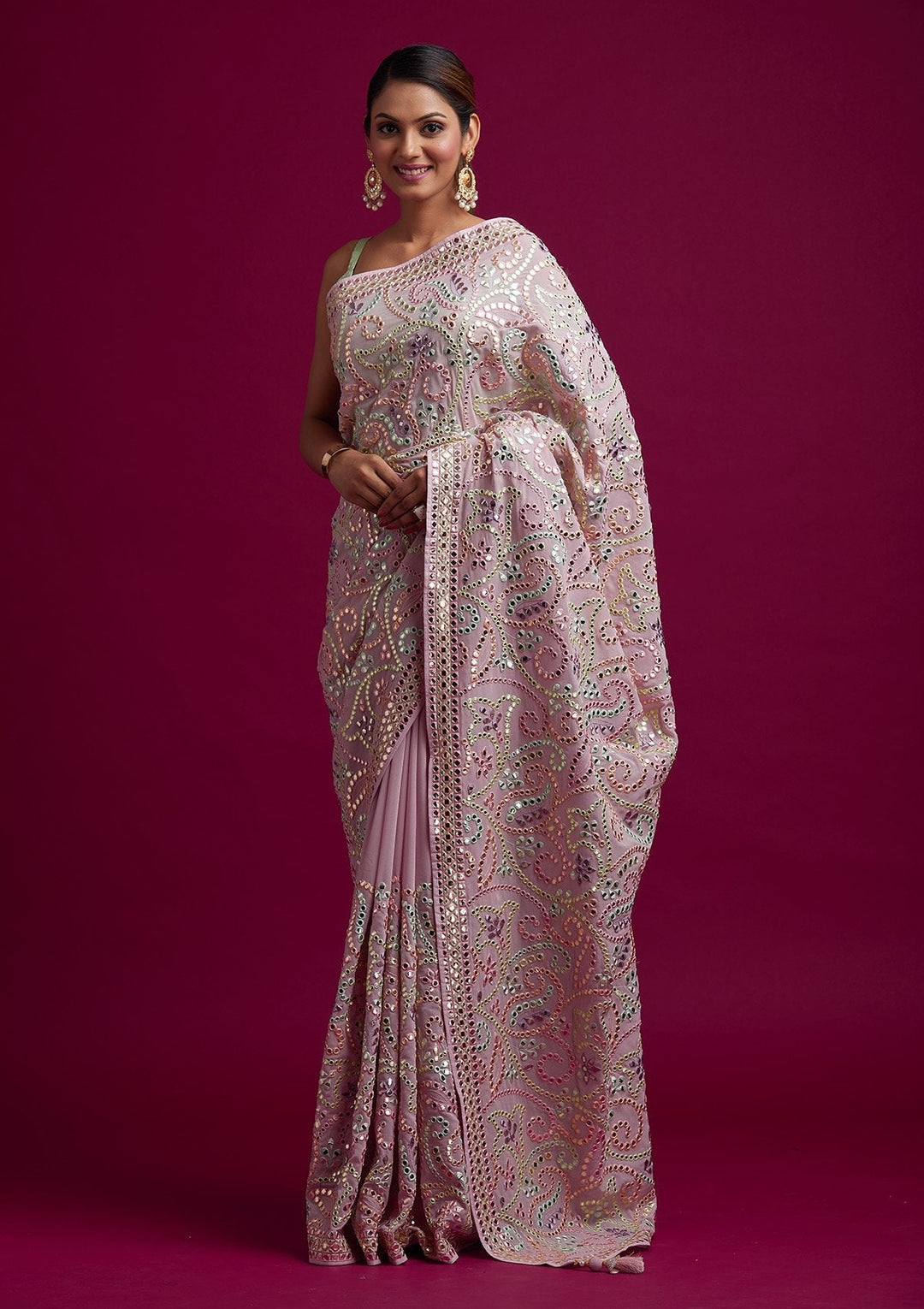 Baby Pink Gotapatti Georgette Designer Saree - koskii