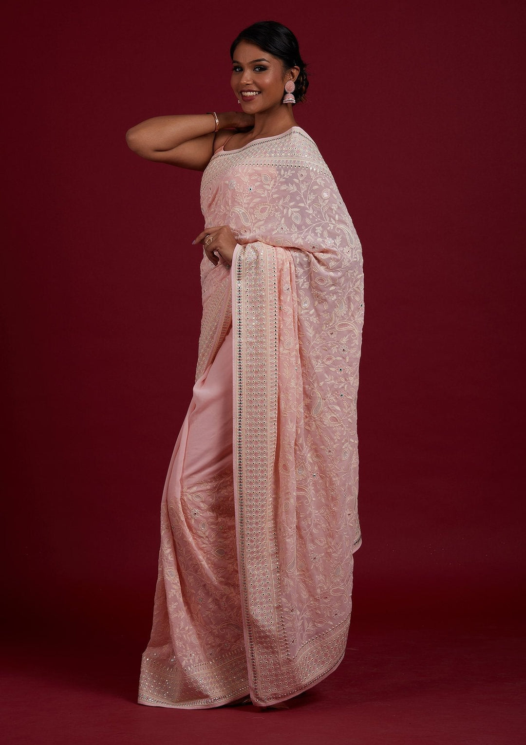 Baby Pink Gotapatti Georgette Designer Saree - Koskii