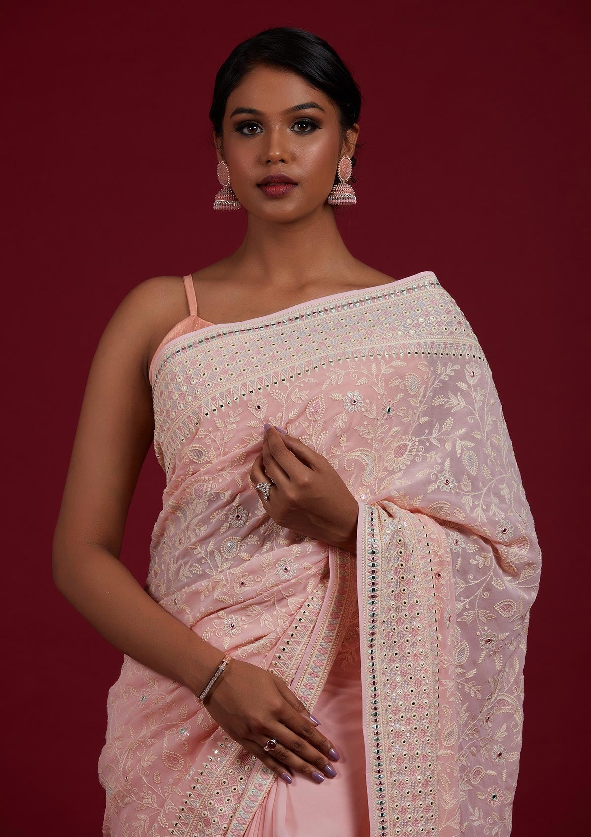 Baby Pink Gotapatti Georgette Designer Saree - Koskii