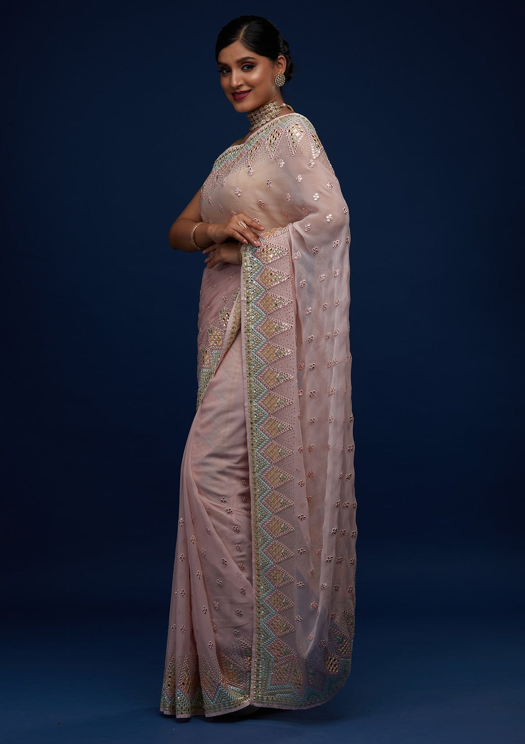 Baby Pink Gotapatti Georgette Designer Saree - Koskii