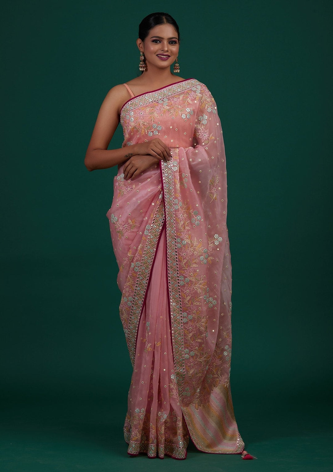 Baby Pink Gotapatti Tissue Designer Saree - Koskii