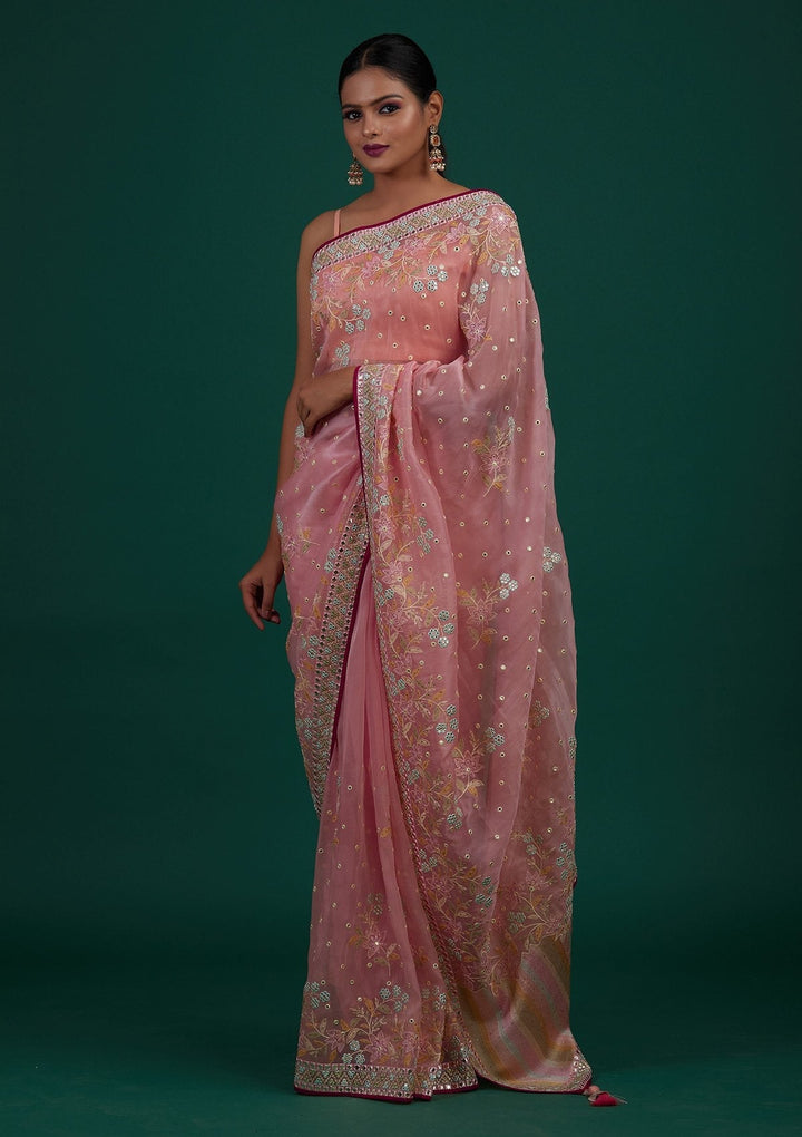 Baby Pink Gotapatti Tissue Designer Saree - Koskii