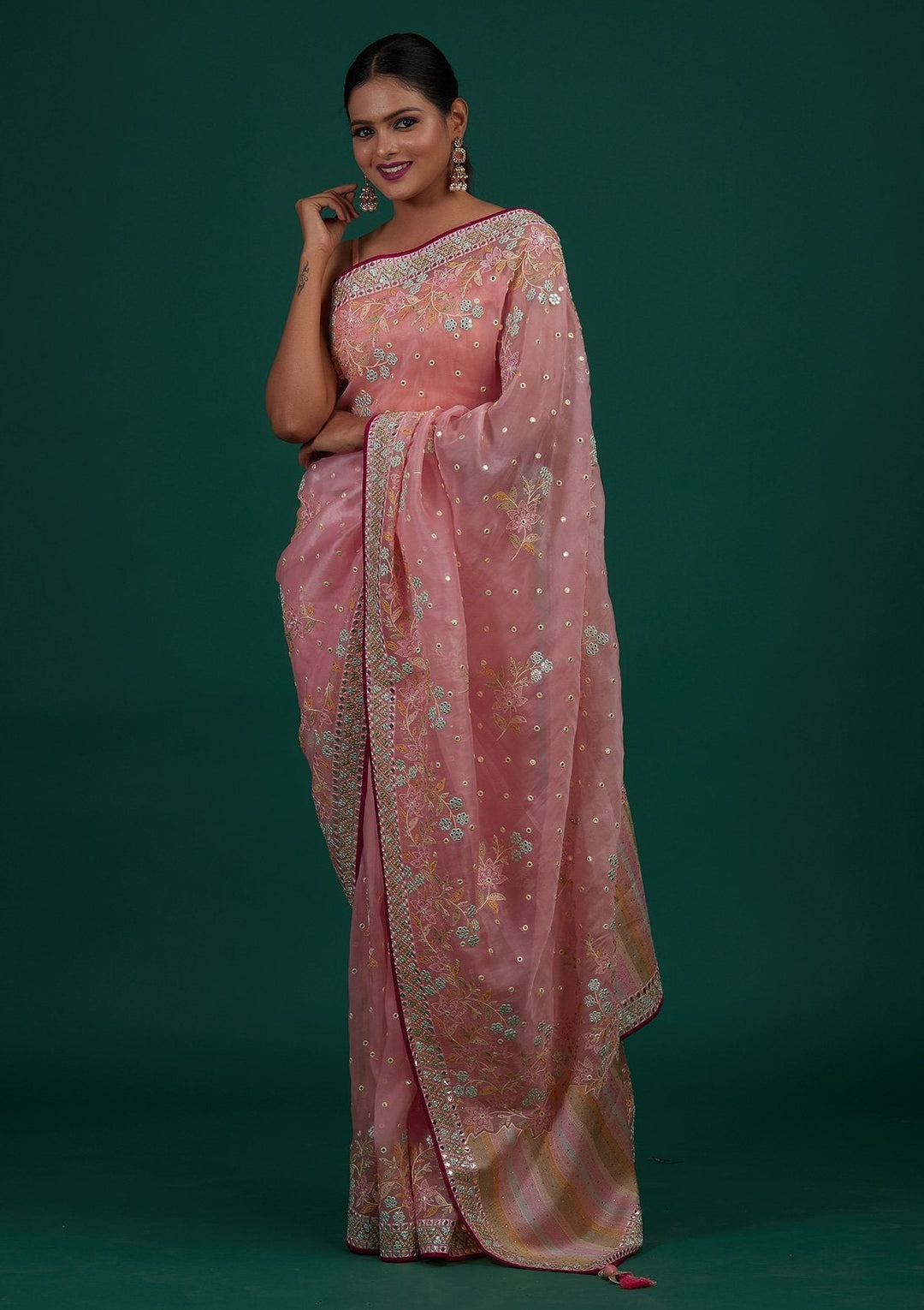 Baby Pink Gotapatti Tissue Designer Saree - Koskii