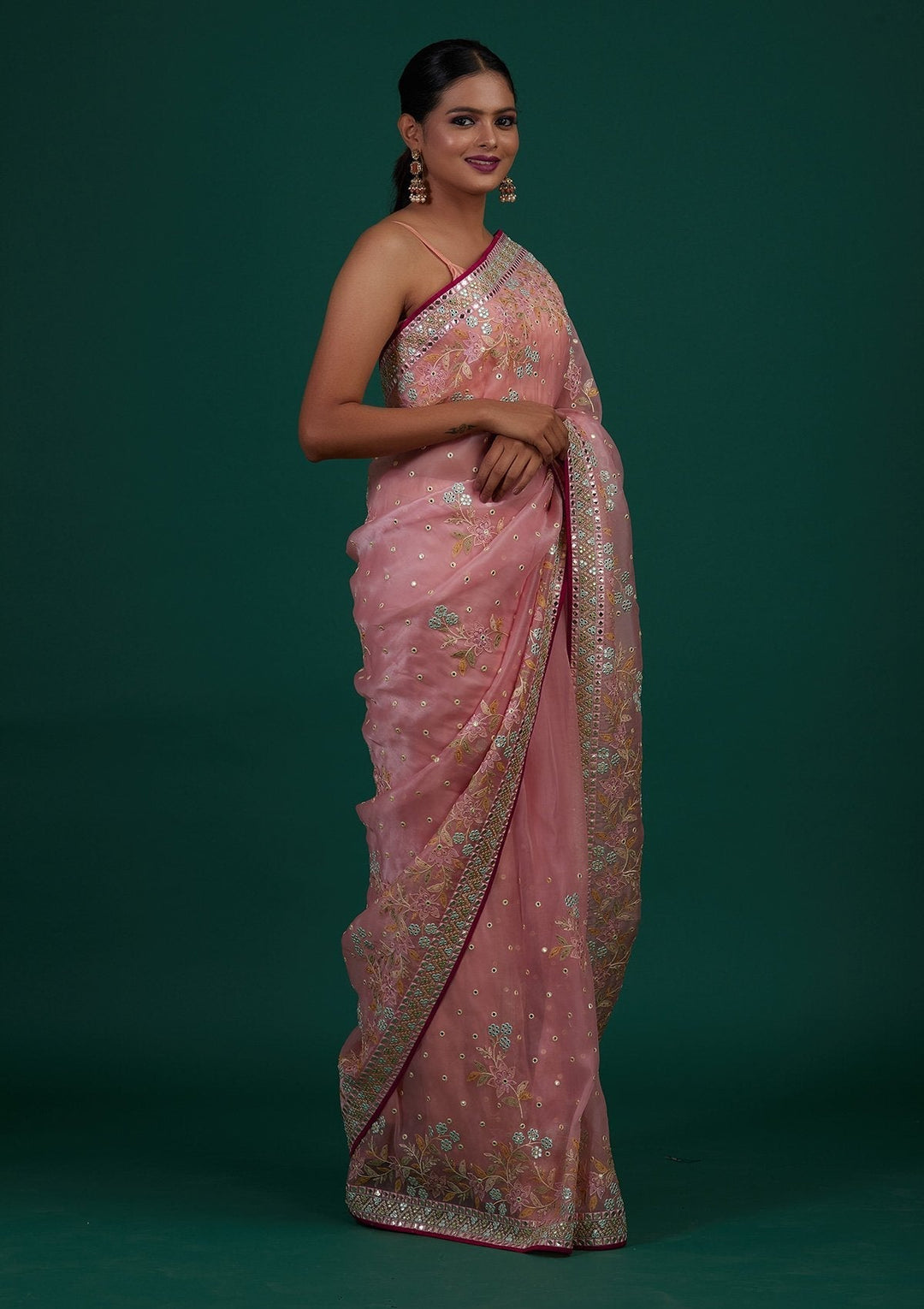 Baby Pink Gotapatti Tissue Designer Saree - Koskii