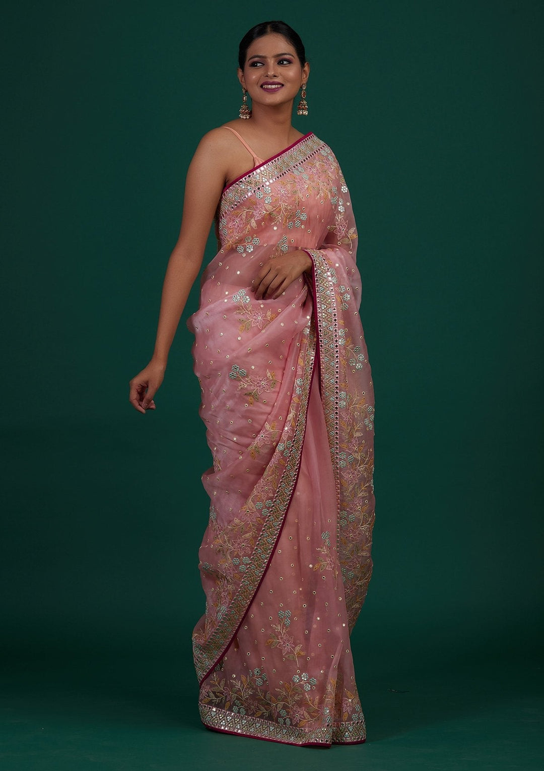 Baby Pink Gotapatti Tissue Designer Saree - Koskii