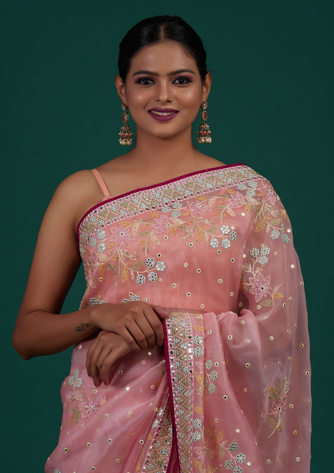 Baby Pink Gotapatti Tissue Designer Saree - Koskii