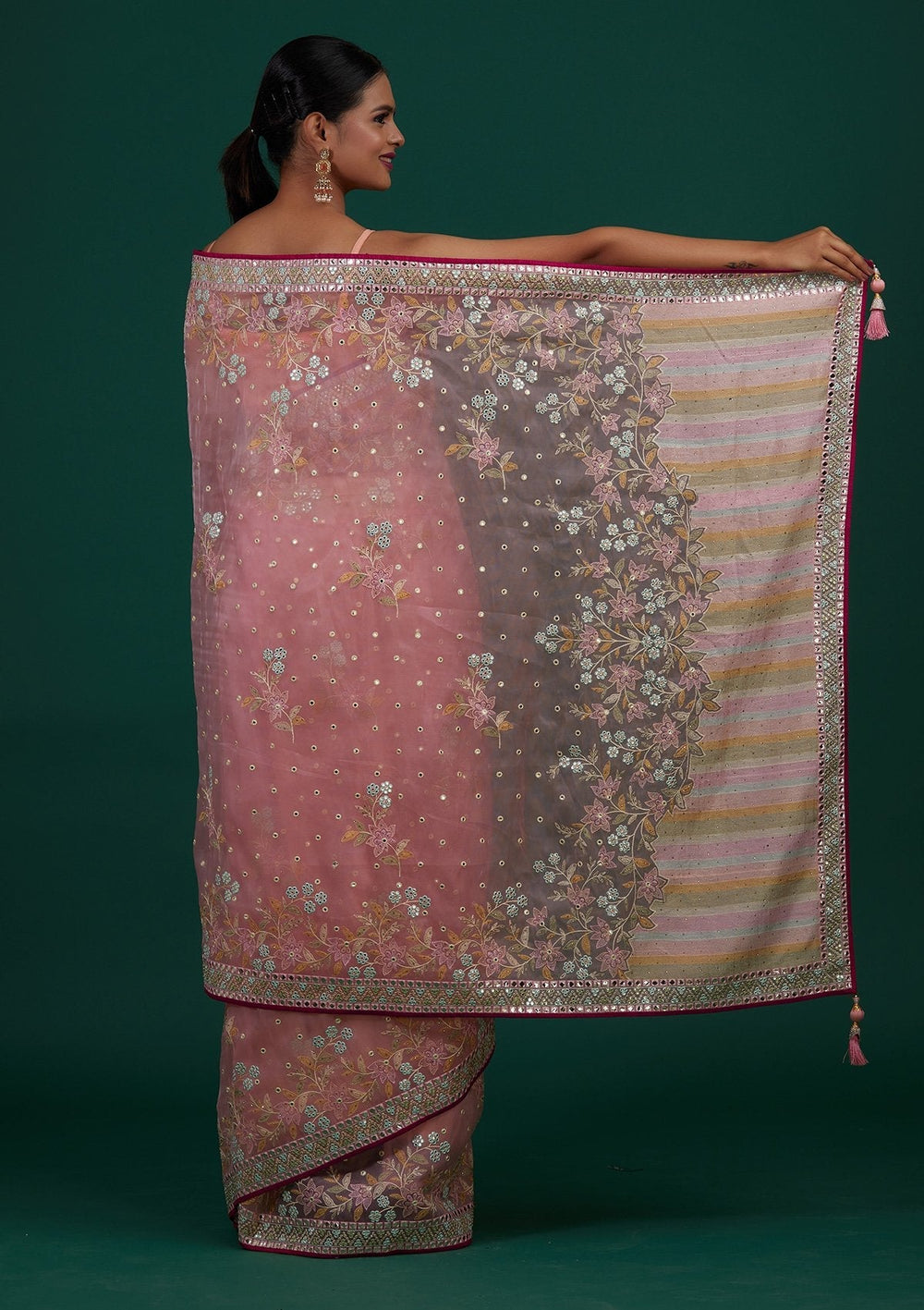 Baby Pink Gotapatti Tissue Designer Saree - Koskii