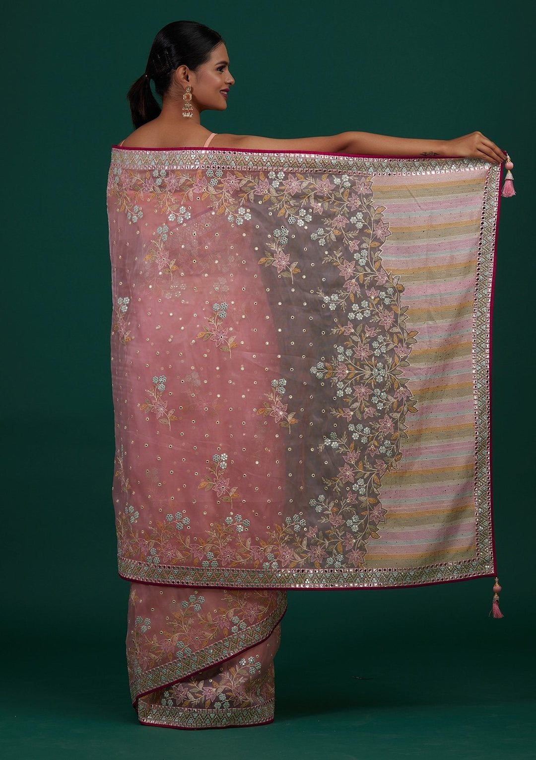 Baby Pink Gotapatti Tissue Designer Saree - Koskii