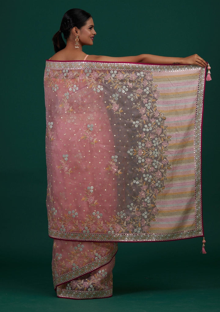 Baby Pink Gotapatti Tissue Designer Saree - Koskii