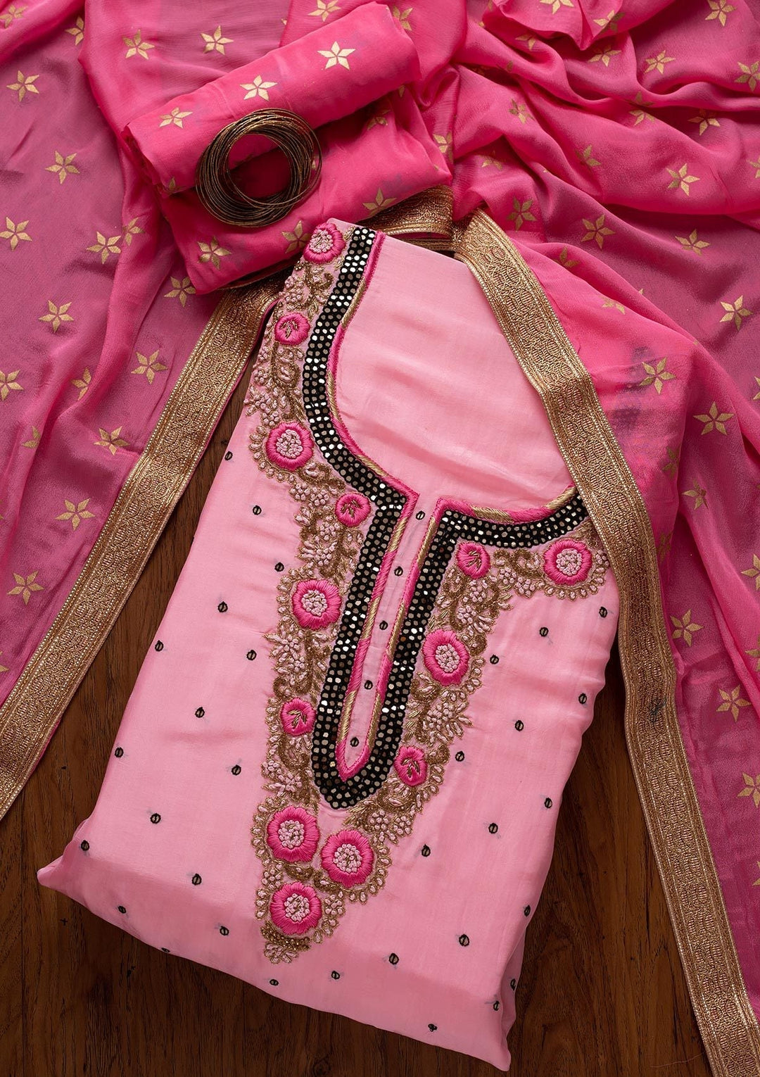 Baby Pink Mirrorwork Chanderi Designer Unstitched Salwar Suit - koskii