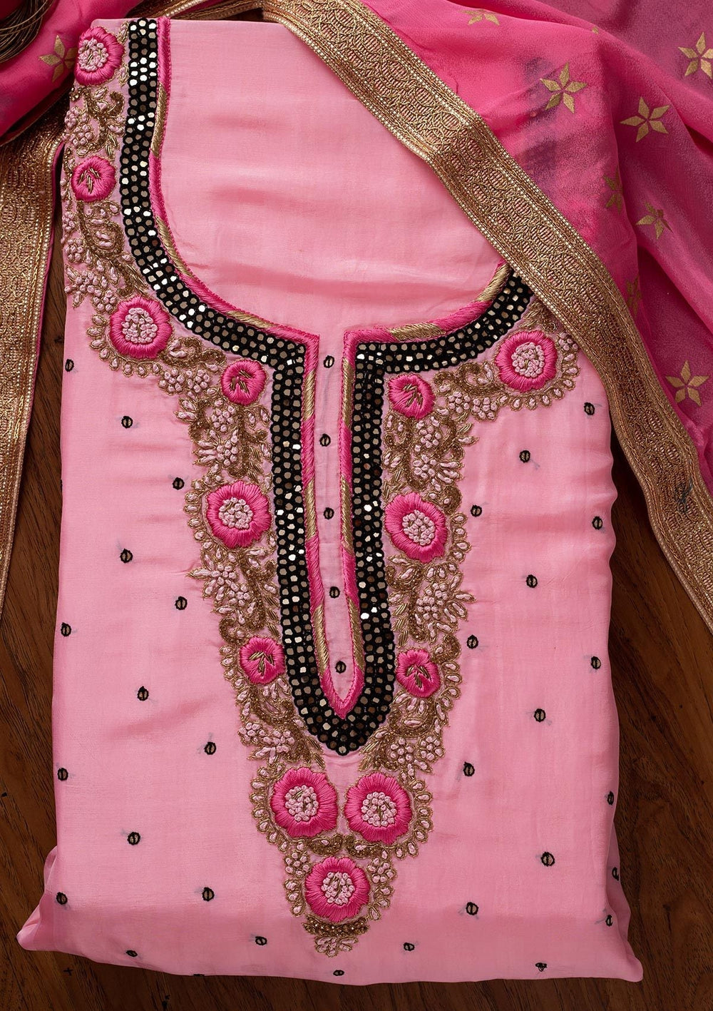 Baby Pink Mirrorwork Chanderi Designer Unstitched Salwar Suit - koskii