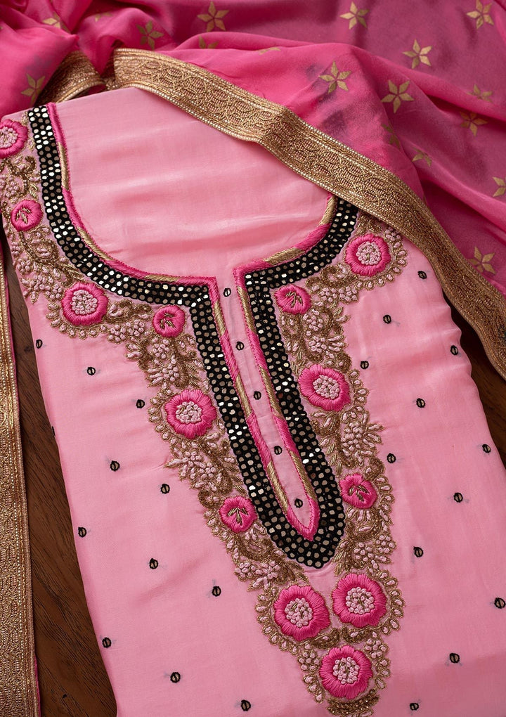 Baby Pink Mirrorwork Chanderi Designer Unstitched Salwar Suit - koskii