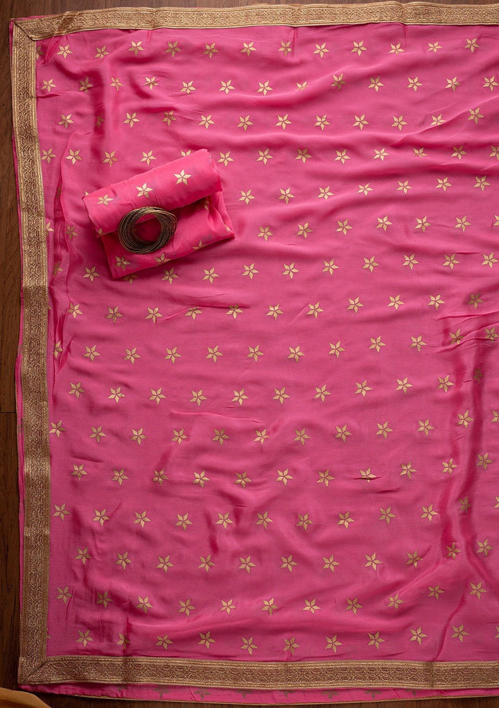 Baby Pink Mirrorwork Chanderi Designer Unstitched Salwar Suit - koskii