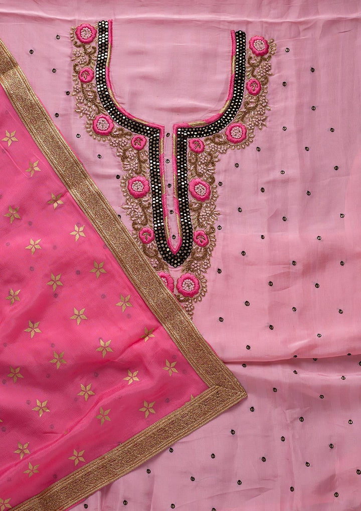 Baby Pink Mirrorwork Chanderi Designer Unstitched Salwar Suit - koskii