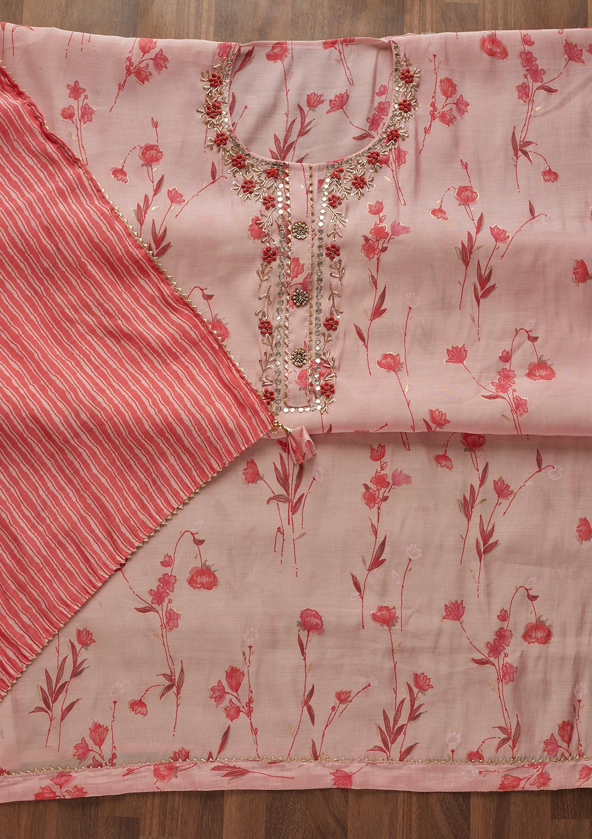 Baby Pink Mirrorwork Cotton  Semi-Stitched Salwar Suit - Koskii