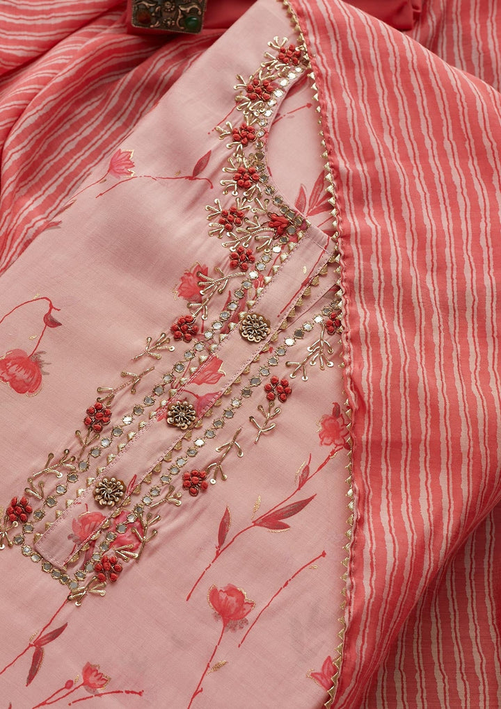 Baby Pink Mirrorwork Cotton  Semi-Stitched Salwar Suit - Koskii