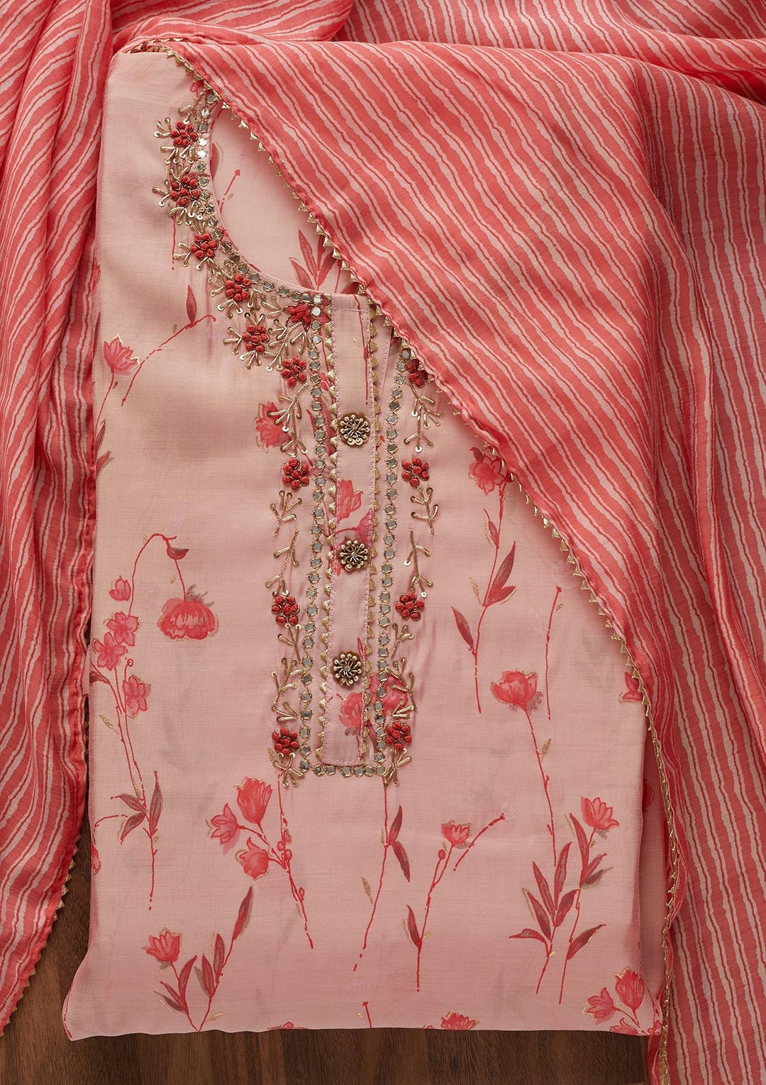 Baby Pink Mirrorwork Cotton  Semi-Stitched Salwar Suit - Koskii