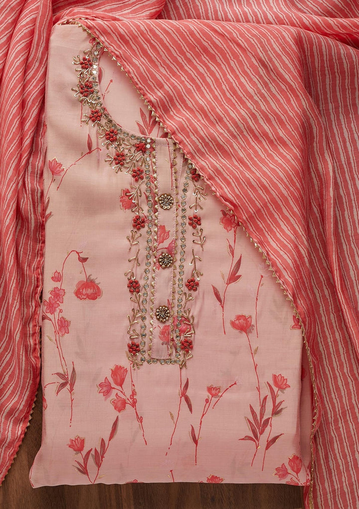 Baby Pink Mirrorwork Cotton  Semi-Stitched Salwar Suit - Koskii