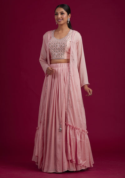 Baby Pink Mirrorwork Georgette Designer Lehenga - koskii