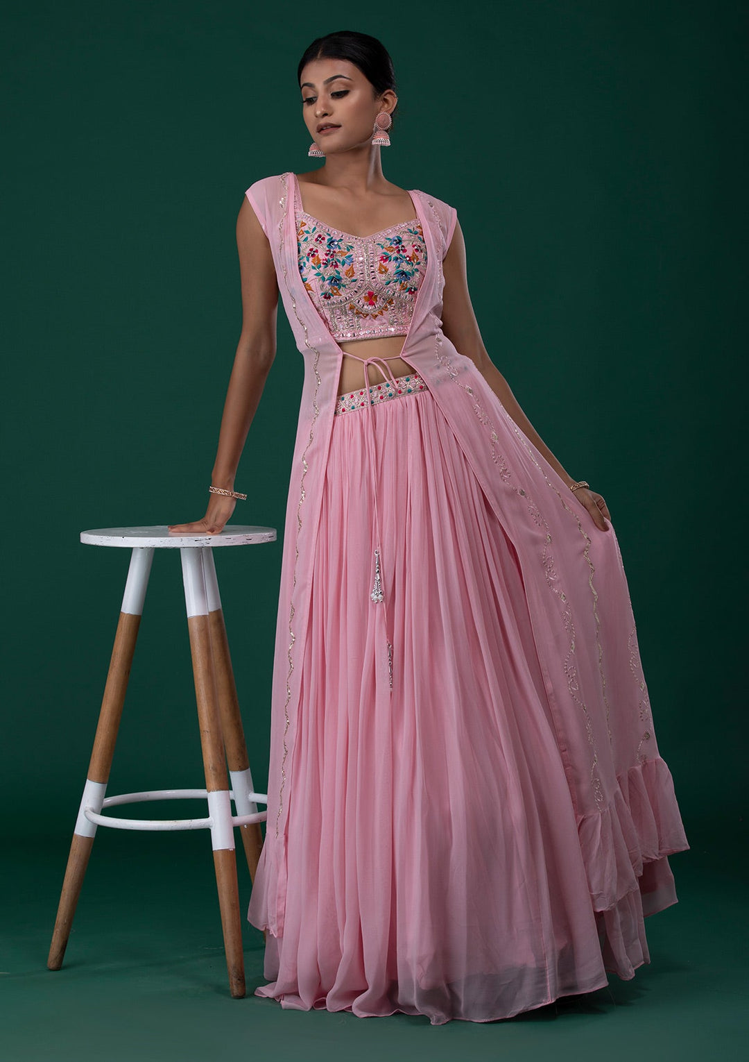 Baby Pink Mirrorwork Georgette Designer Lehenga-Koskii