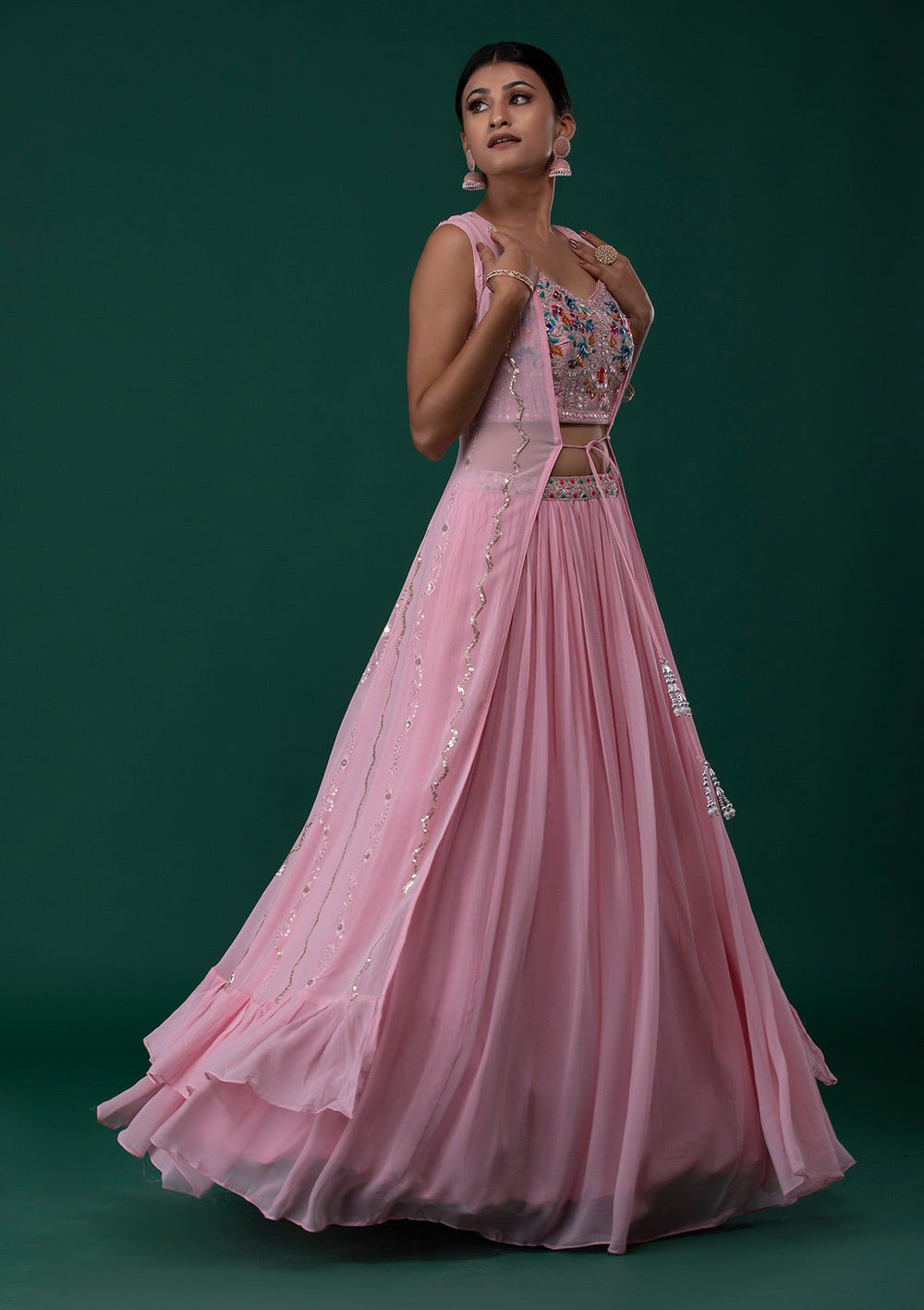 Baby Pink Mirrorwork Georgette Designer Lehenga-Koskii
