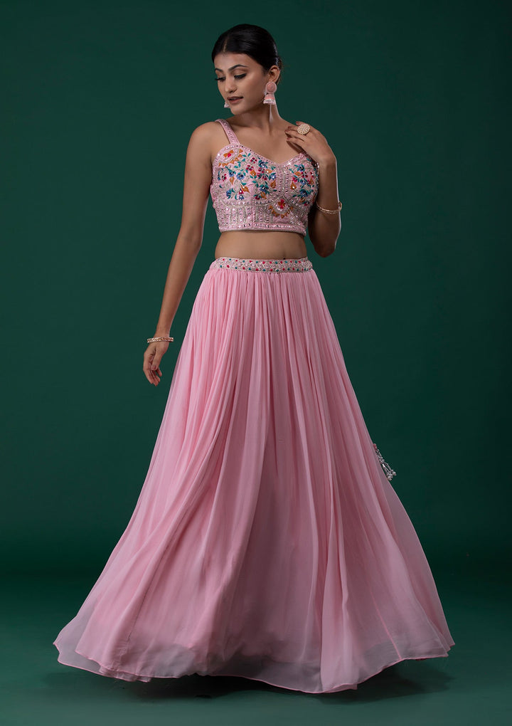 Baby Pink Mirrorwork Georgette Designer Lehenga-Koskii