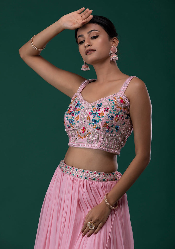 Baby Pink Mirrorwork Georgette Designer Lehenga-Koskii