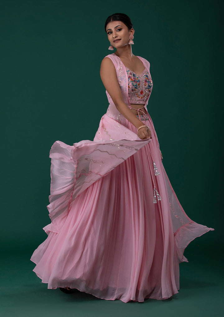 Baby Pink Mirrorwork Georgette Designer Lehenga-Koskii