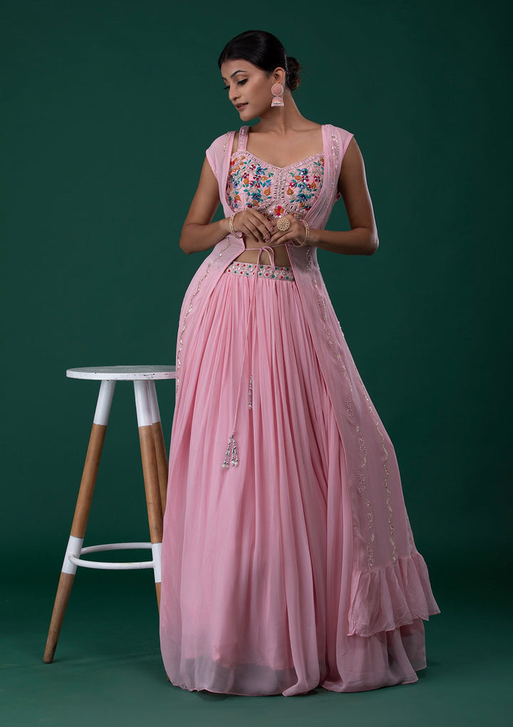 Baby Pink Mirrorwork Georgette Designer Lehenga-Koskii