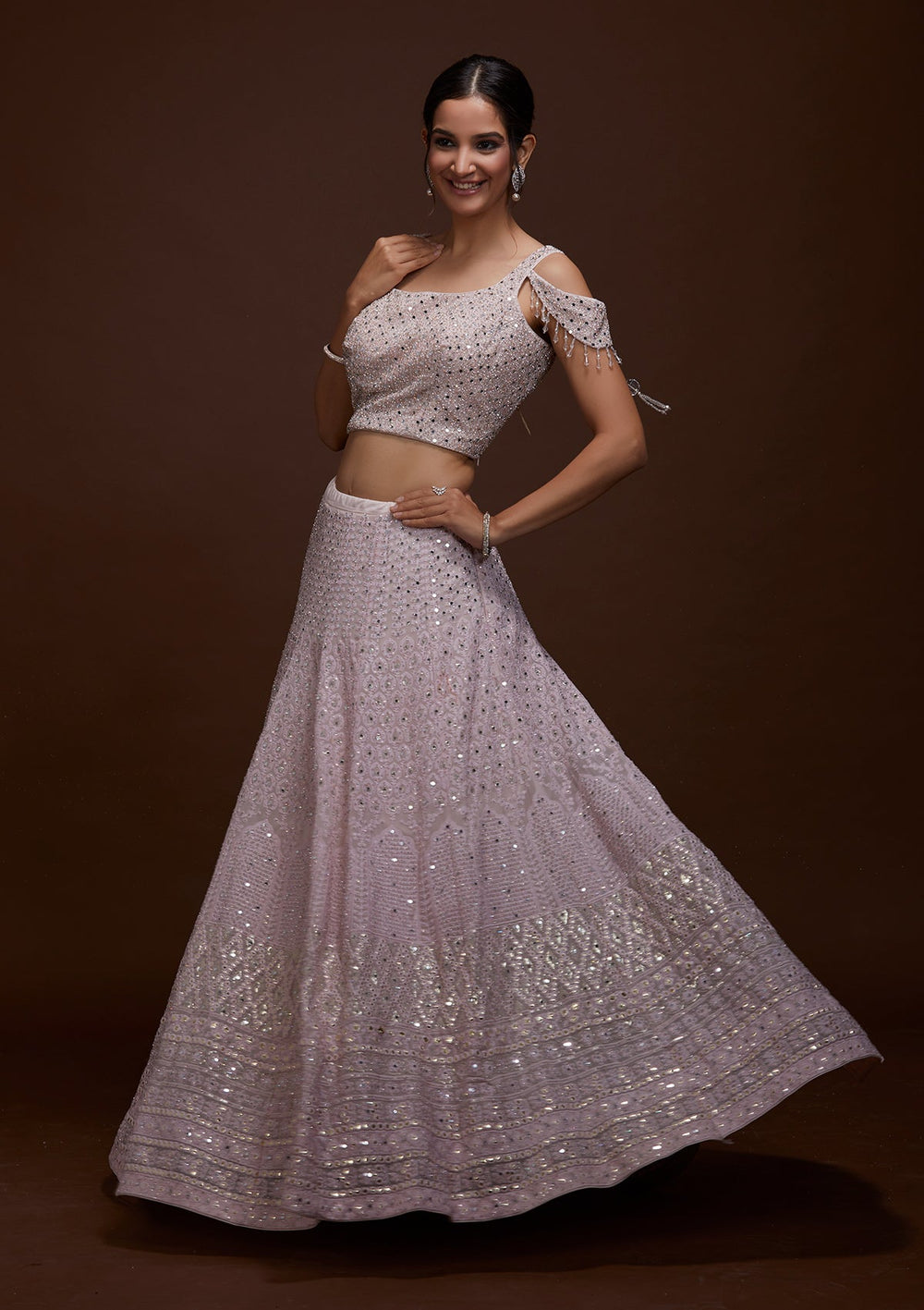 Baby Pink Mirrorwork Georgette Lehenga-Koskii