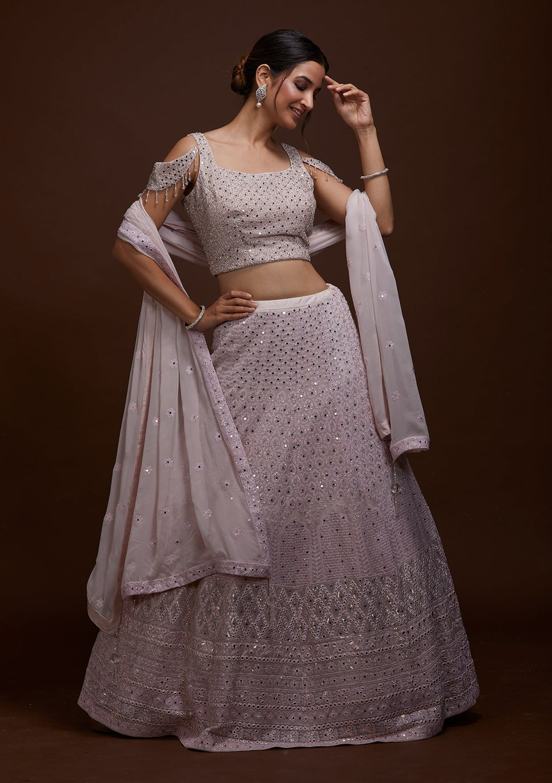 Baby Pink Mirrorwork Georgette Lehenga-Koskii