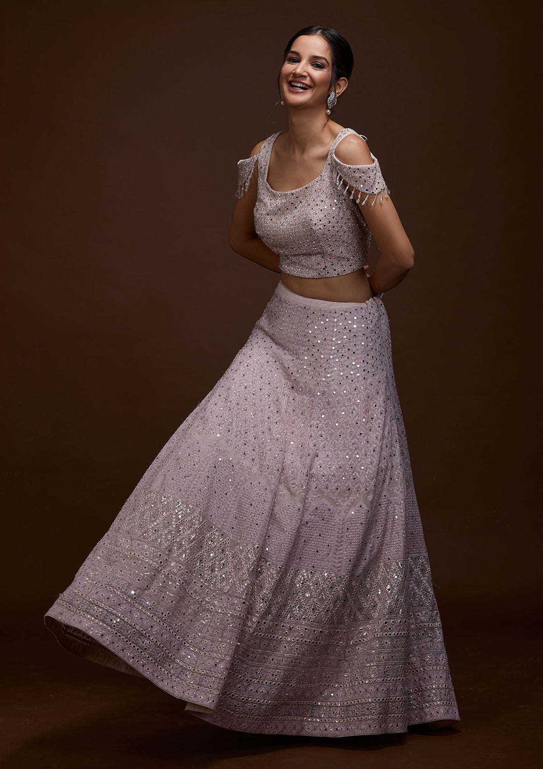 Baby Pink Mirrorwork Georgette Lehenga-Koskii