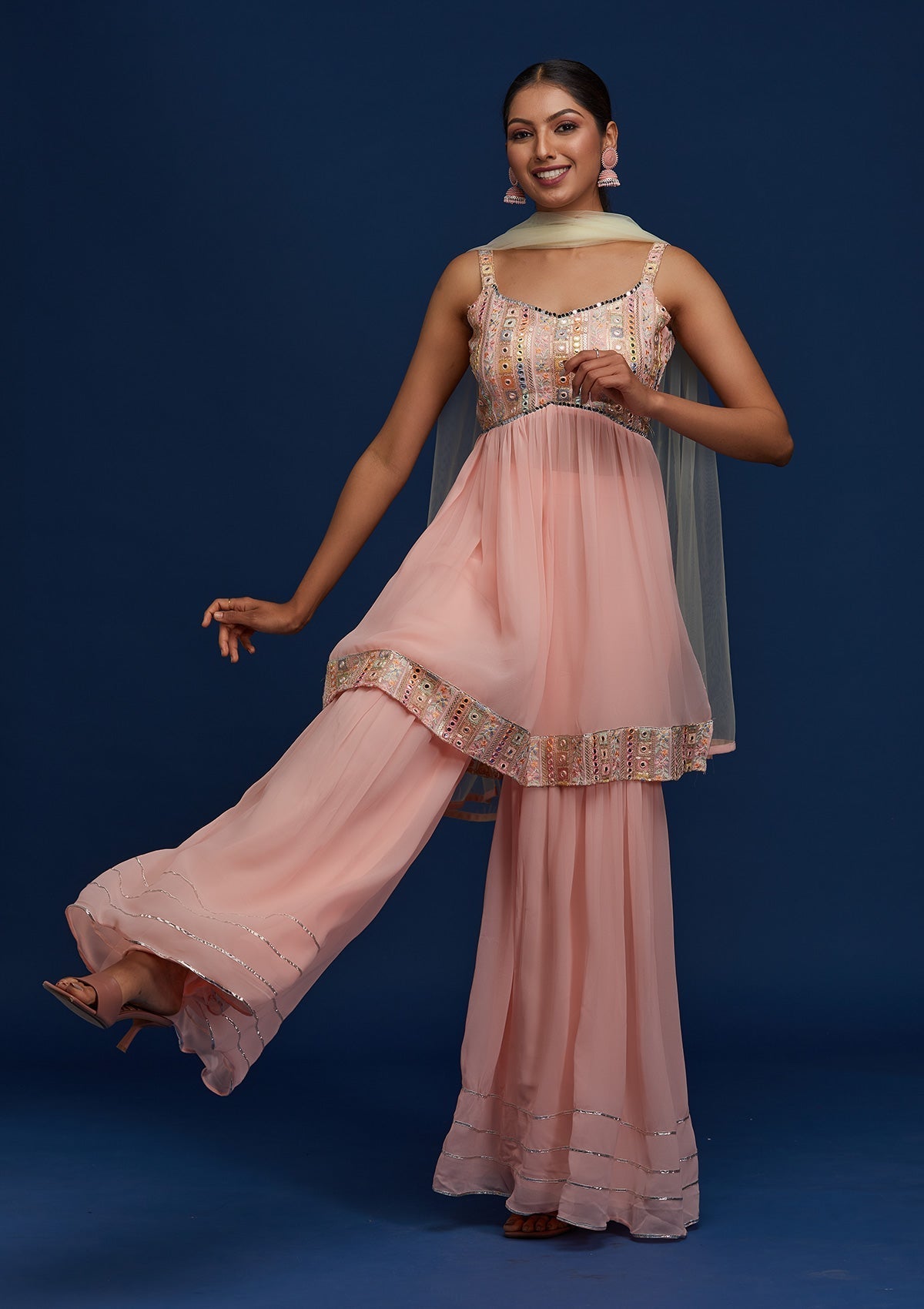 Baby Pink Mirrorwork Georgette Designer Salwar Suit - Koskii