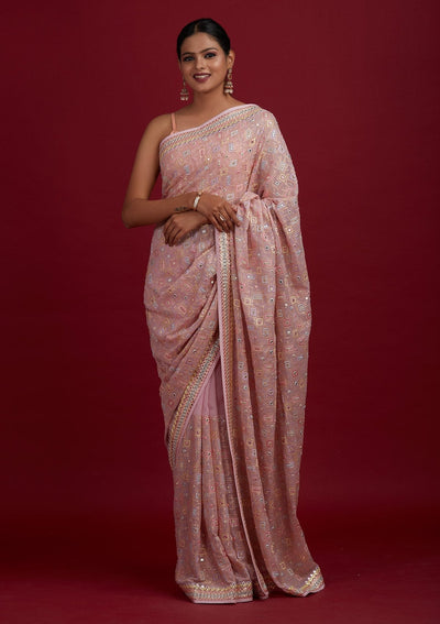 Baby Pink Mirrorwork Georgette Designer Saree - Koskii