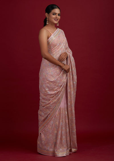 Baby Pink Mirrorwork Georgette Designer Saree - Koskii