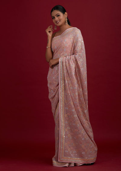 Baby Pink Mirrorwork Georgette Designer Saree - Koskii