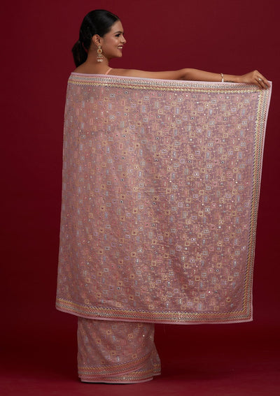 Baby Pink Mirrorwork Georgette Designer Saree - Koskii