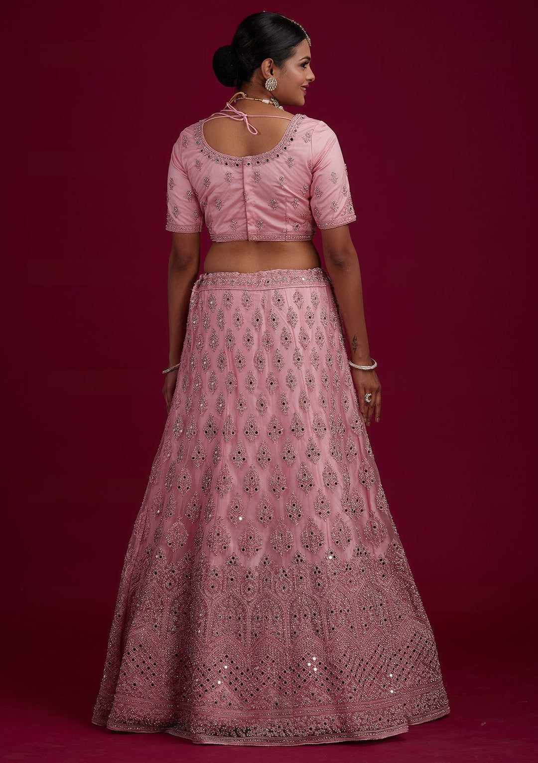 Baby Pink Mirrorwork Net Designer Semi-Stitched Lehenga - Koskii