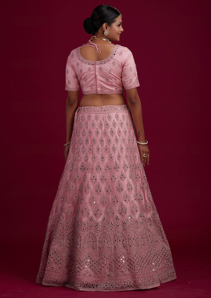 Baby Pink Mirrorwork Net Designer Semi-Stitched Lehenga - Koskii