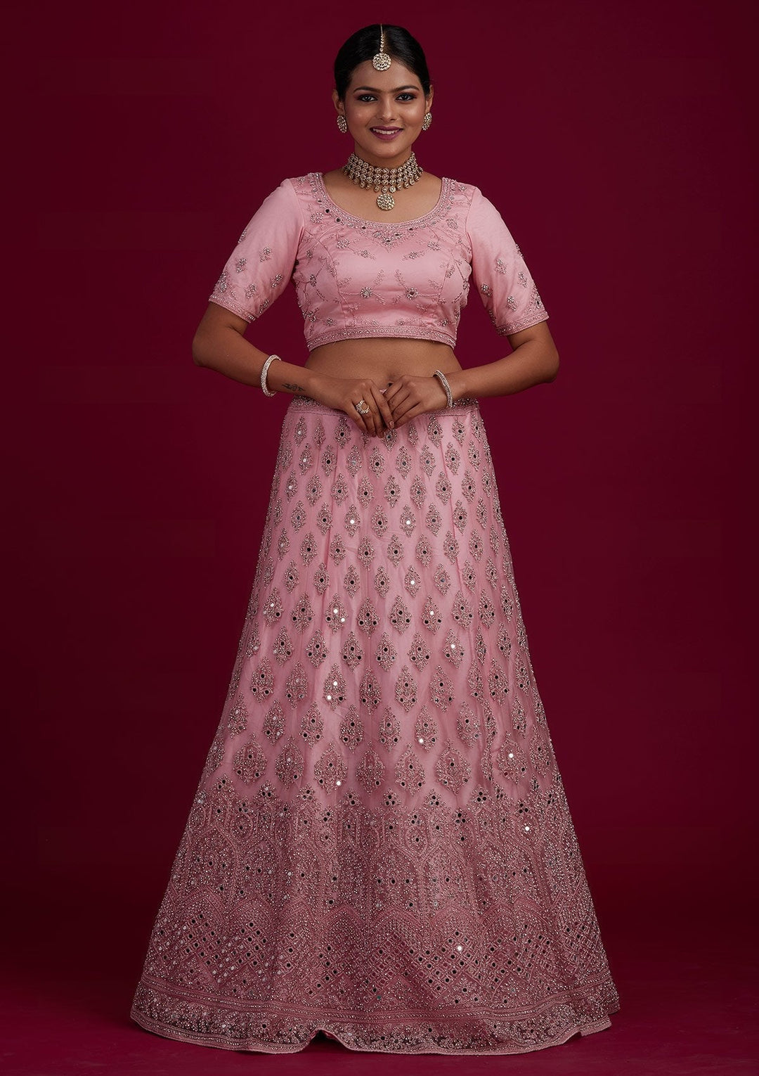 Baby Pink Mirrorwork Net Designer Semi-Stitched Lehenga - Koskii