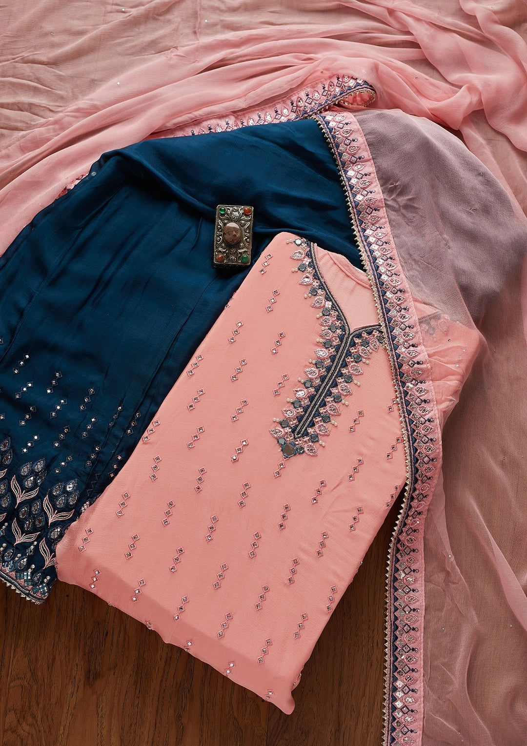 Baby Pink Mirrorwork Semi Crepe Designer Semi-Stitched Salwar Suit - koskii