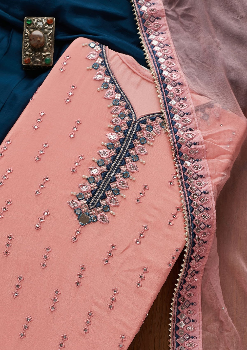 Baby Pink Mirrorwork Semi Crepe Designer Semi-Stitched Salwar Suit - koskii