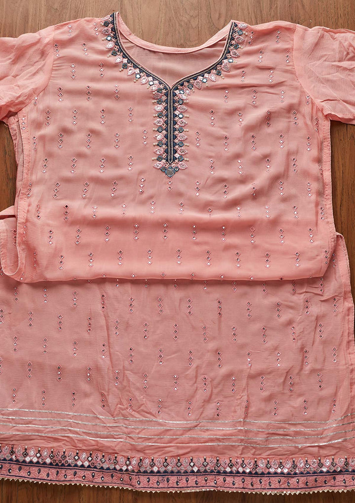 Baby Pink Mirrorwork Semi Crepe Designer Semi-Stitched Salwar Suit - koskii