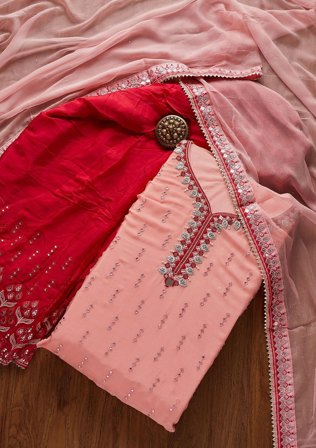 Baby Pink Mirrorwork Semi Crepe Designer Semi-Stitched Salwar Suit - koskii