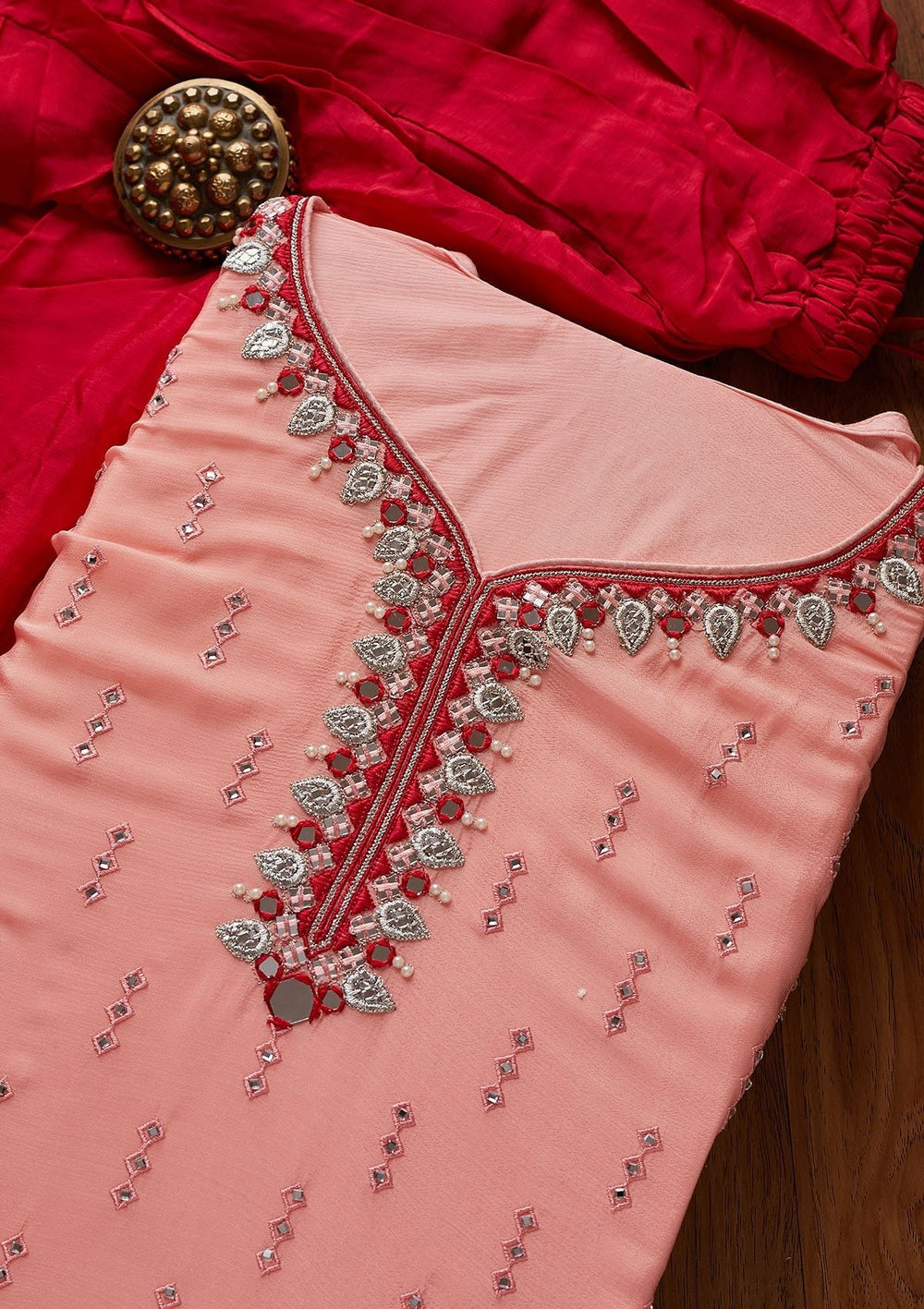 Baby Pink Mirrorwork Semi Crepe Designer Semi-Stitched Salwar Suit - koskii