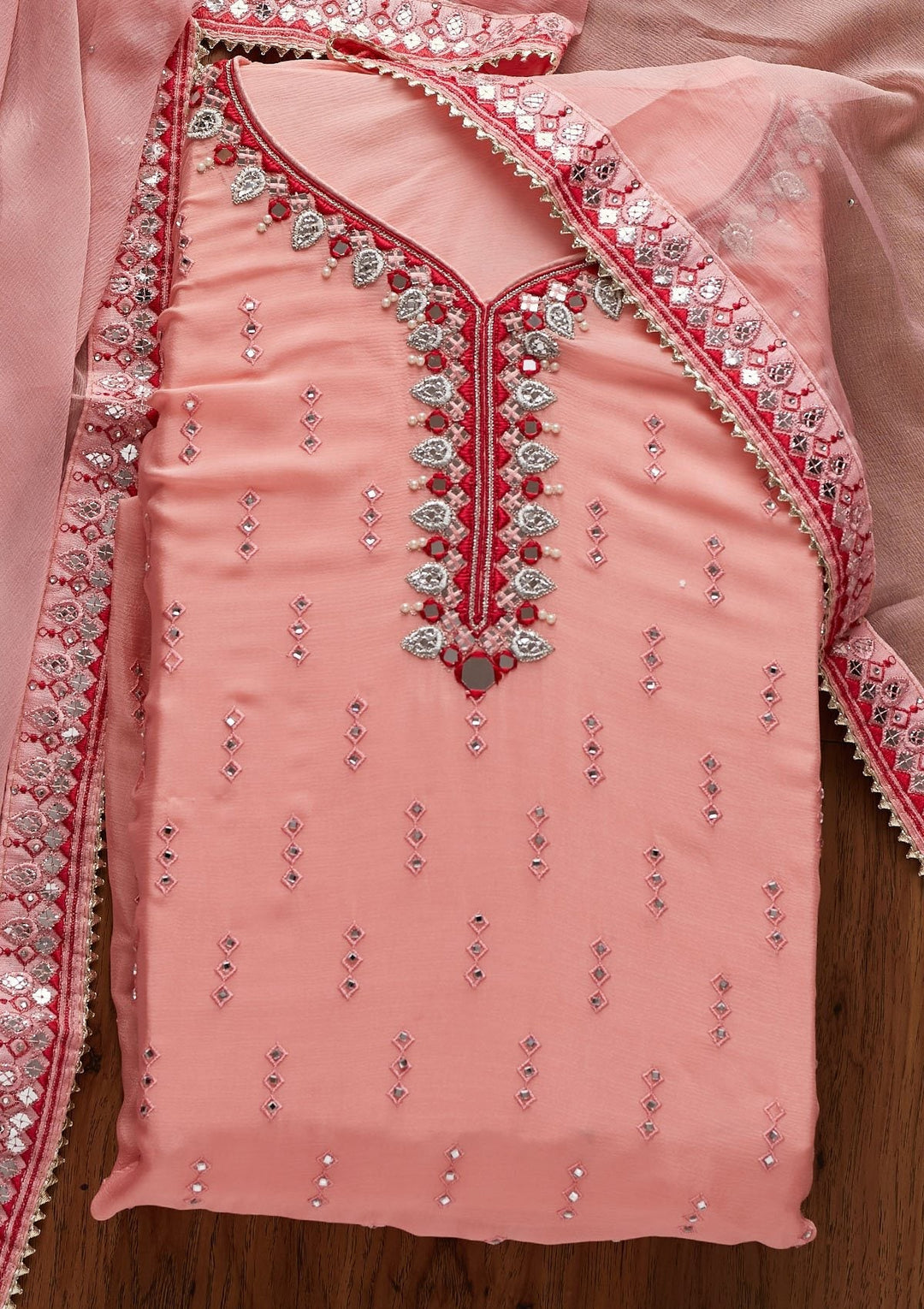 Baby Pink Mirrorwork Semi Crepe Designer Semi-Stitched Salwar Suit - koskii
