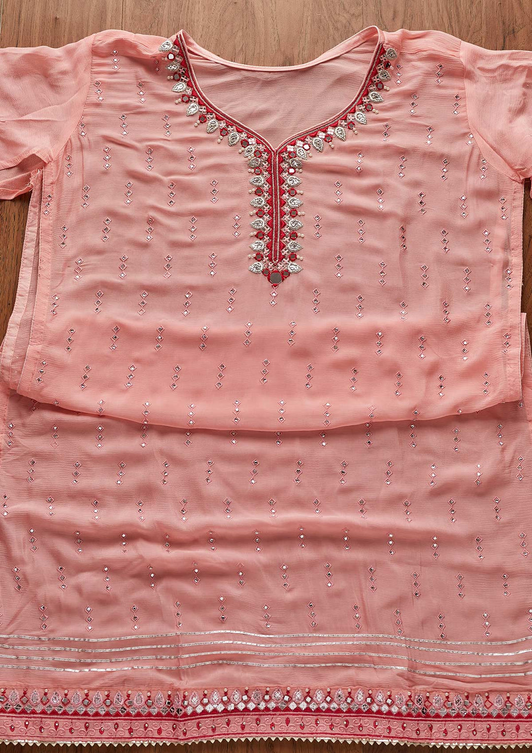 Baby Pink Mirrorwork Semi Crepe Designer Semi-Stitched Salwar Suit - koskii